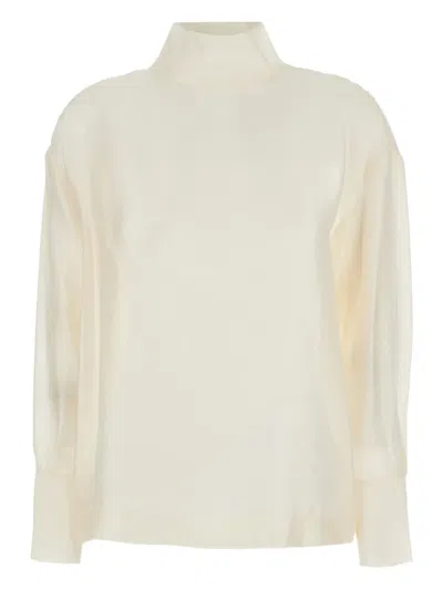 Rame White Turtleneck Pullover With Buttoned Cuffs In Tech Fabric Woman In Neutral