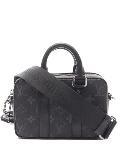 Pre-owned Louis Vuitton 2021-2025 Nano Monogram Eclipse Porte Documents Voyage Satchel In Black