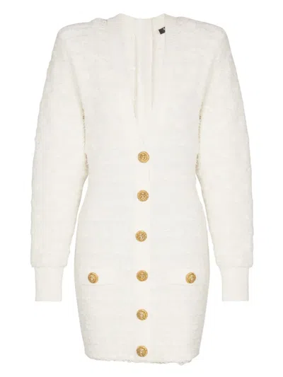 Balmain Button-embellished Tweed Mini Dress In White