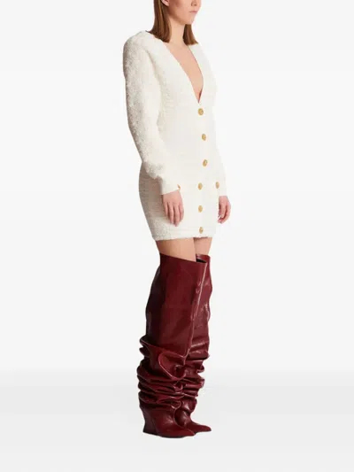 Balmain Button-embellished Tweed Mini Dress In White