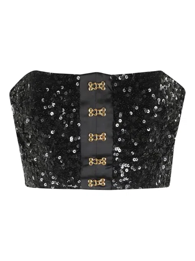 Elisabetta Franchi Top With Sequins And Jewel Clasps In Black