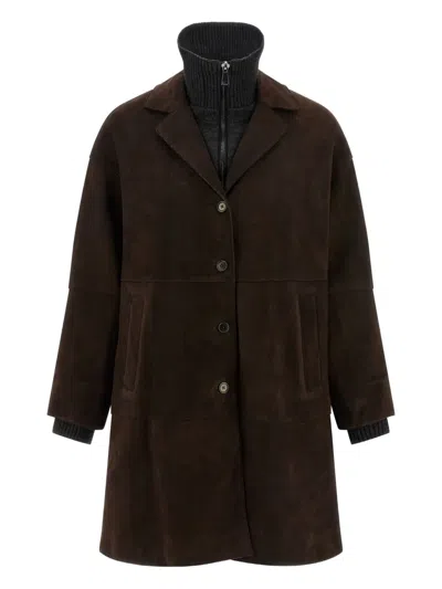 P.a.r.o.s.h Suede Coat With Knit Insert And Front Button Closure In Brown