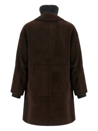P.a.r.o.s.h Suede Coat With Knit Insert And Front Button Closure In Brown