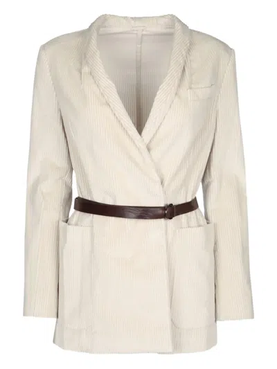 Brunello Cucinelli Waist Belted Jacket With Pockets And Lapel In Neutral