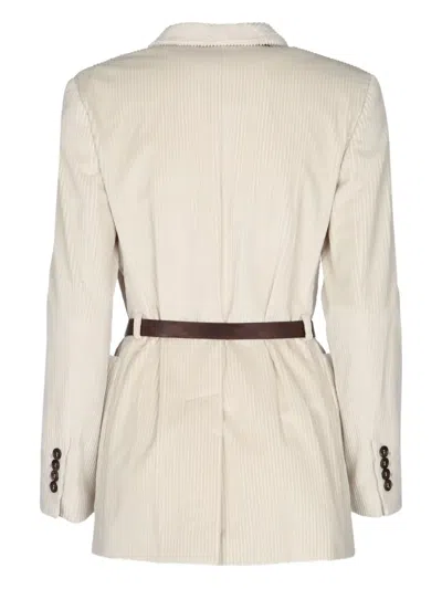 Brunello Cucinelli Waist Belted Jacket With Pockets And Lapel In Neutral