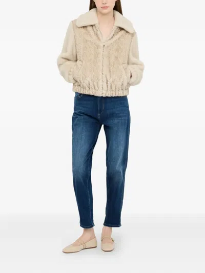 Liu •jo Plush Teddy Fabric Bomber Jacket With Braided Detailing In Neutral