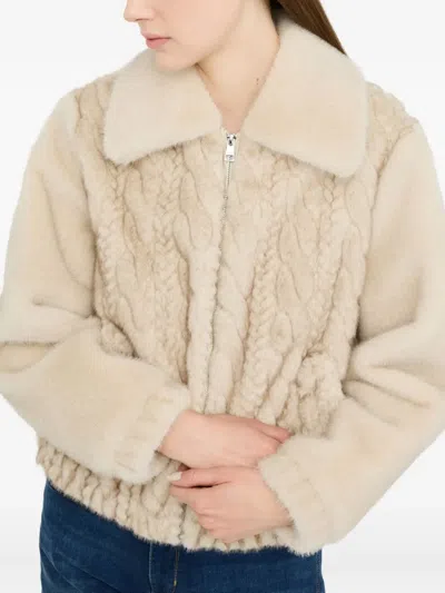 Liu •jo Plush Teddy Fabric Bomber Jacket With Braided Detailing In Neutral