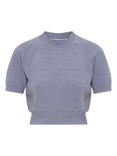 Alexander Wang Cropped Ribbed Chenille Sweater With Logo In Blue