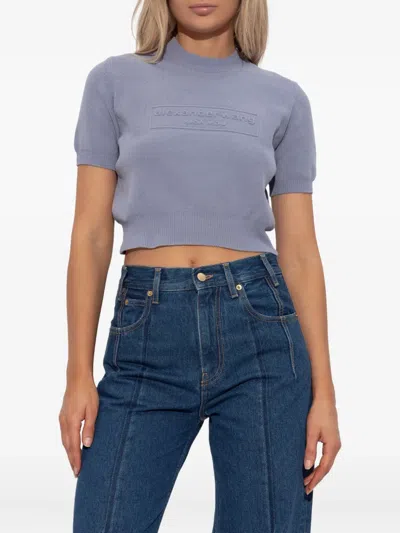 Alexander Wang Cropped Ribbed Chenille Sweater With Logo In Blue