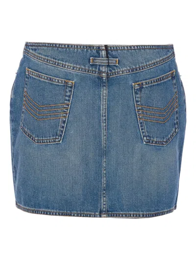 Jean Paul Gaultier Denim Miniskirt With Double Vertical Silver Zippers In Blue