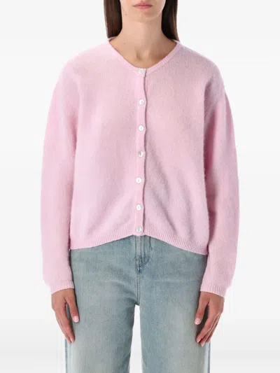 American Vintage Soft Knit Cardigan With Ribbed Cuffs And Hem In Pink