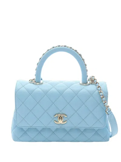 Pre-owned Chanel 2021-2025 Mini Caviar Coco Chain Top Handle Bag Satchel In Blue
