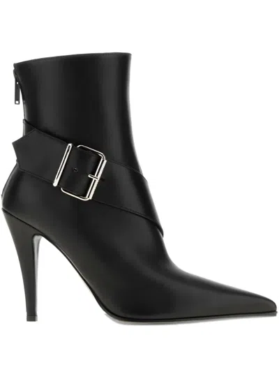 Alexander Mcqueen Calfskin Heron Buckle Heeled Boots 105 In Black