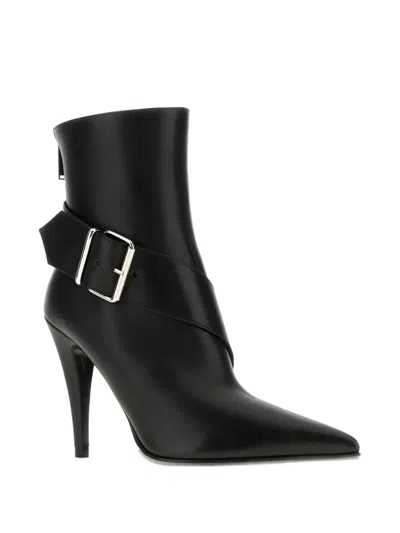 Alexander Mcqueen Calfskin Heron Buckle Heeled Boots 105 In Black