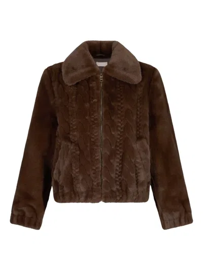 Liu •jo Teddy Bomber Jacket With Cable Knit Detailing In Brown