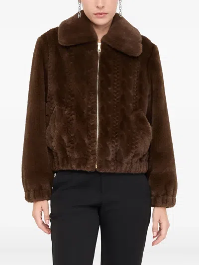 Liu •jo Teddy Bomber Jacket With Cable Knit Detailing In Brown