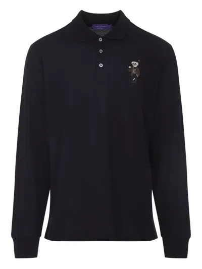 Ralph Lauren Long-sleeve Polo Shirt With Embroidered Bear Motif In Black