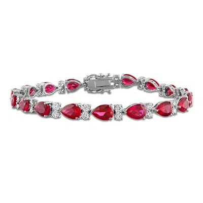 Created Forever 20 3/4 Ct Tgw Pear Shape Created Ruby And 2 Ct Tw Lab Grown Diamond Tennis Bracelet  In White