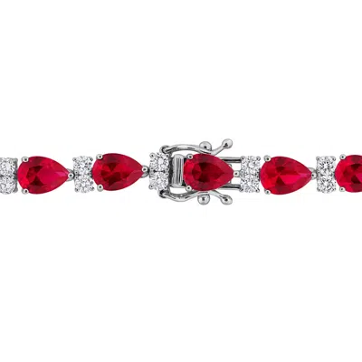 Created Forever 20 3/4 Ct Tgw Pear Shape Created Ruby And 2 Ct Tw Lab Grown Diamond Tennis Bracelet  In White