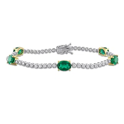 Created Forever 3 1/2 Ct Tgw Oval Created Emerald And 1 3/8 Ct Tw Lab Grown Diamond Tennis Bracelet  In Metallic
