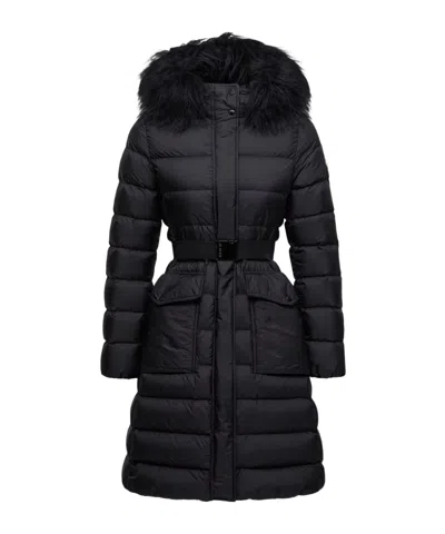 Moncler Khloesse Long Down Jacket With Hood And Shearling Hem In Blue
