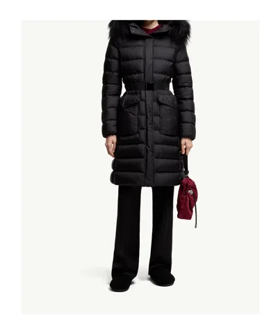 Moncler Khloesse Long Down Jacket With Hood And Shearling Hem In Blue