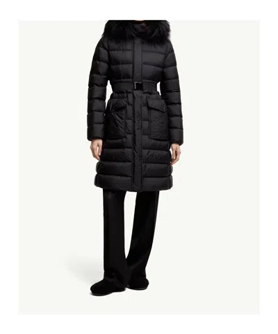 Moncler Khloesse Long Down Jacket With Hood And Shearling Hem In Blue