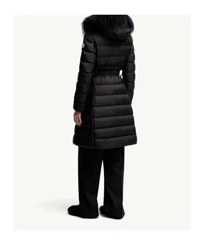 Moncler Khloesse Long Down Jacket With Hood And Shearling Hem In Blue