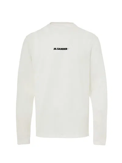 Jil Sander Long-sleeved Cotton T-shirt With Black Front Printed Logo In White