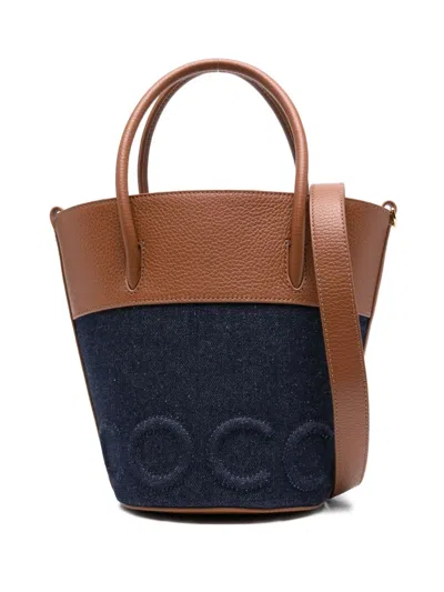 Coccinelle Medium Myrtha Embossed-logo Denim Bucket Bag In Blue