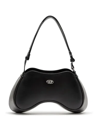 Diesel Curved Leather Handbag With Adjustable Strap In Black