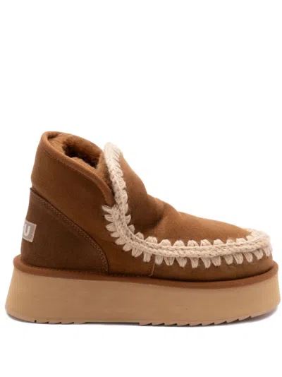 Mou Mini Eskimo Beige Ankle Boots With Logo Patch On The Rear In Leather And Suede Woman In Brown