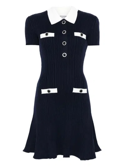 Self-portrait Mini Knitted Dress With Contrasting Collar In Blue