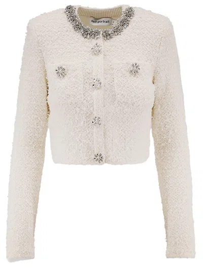 Self-portrait White Crewneck Cropped Cardigan With Crystal Embellishments On The Collar In Cotton Blend Woman In Neutral