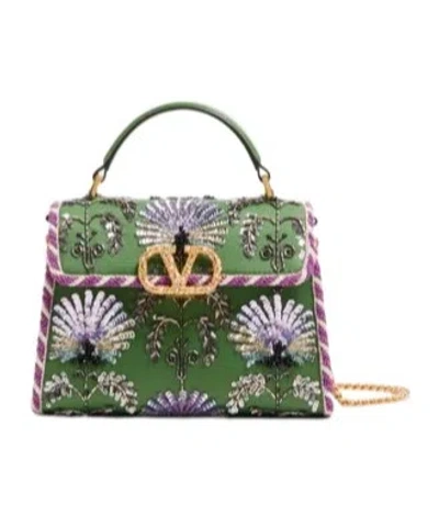 Valentino Garavani Garavani Mini Vsling Embroidered Handbag With Jewel Logo Woman Multicolour Uni In Green