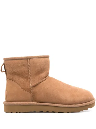 Ugg Classic Mini Beige Ankle Boots With Logo Patch On The Rear In Suede Woman In Neutral