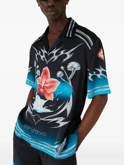 Casablanca Floral Graphic Short Sleeve Satin Top In Multi