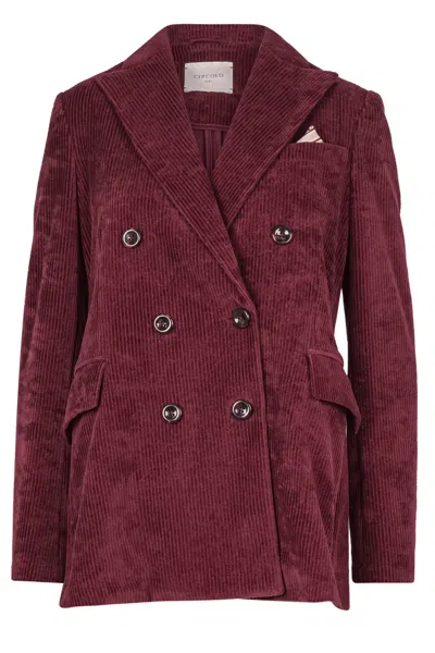 Circolo 1901 Structured Double-breasted Corduroy Jacket With Striped Pocket Square In Burgundy