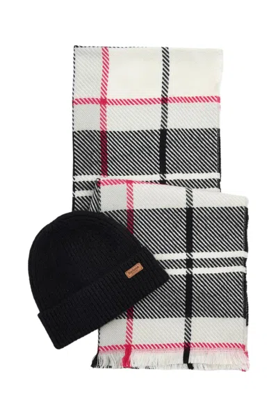 Barbour Pendle Logo Patch Ribbed Beanie Scarf Set In White
