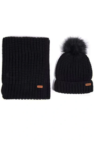 Barbour Logo Patch Rib Knit Puff Beanie And Scarf Set In Black
