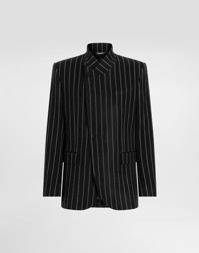 Dolce & Gabbana Pinstripe Wool Blend Single Breasted Coat In Black