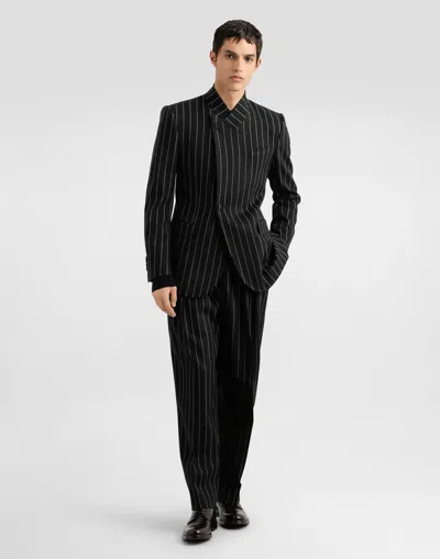 Dolce & Gabbana Pinstripe Wool Blend Single Breasted Coat In Black
