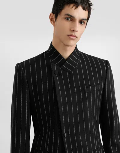 Dolce & Gabbana Pinstripe Wool Blend Single Breasted Coat In Black