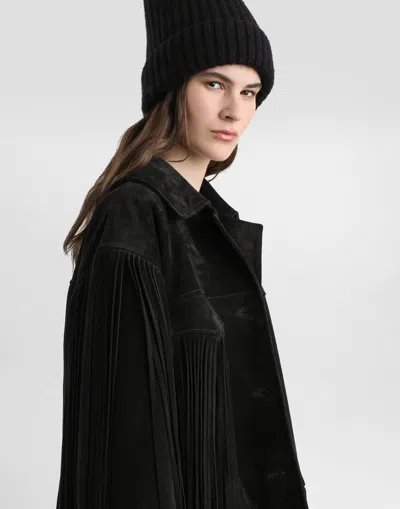 Dolce & Gabbana Pleated Fringe Coat In Black