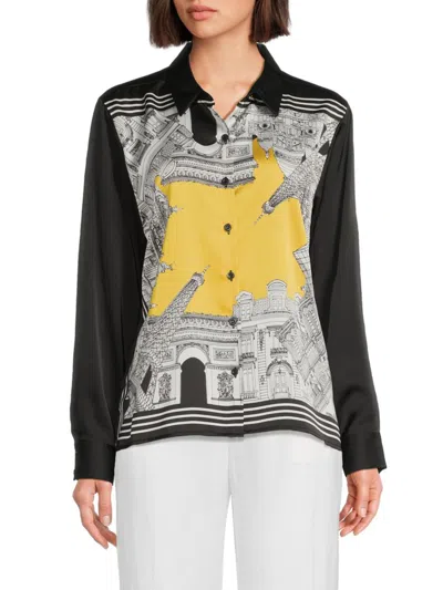 Karl Lagerfeld Women's Panelled Graphic Print Satin Shirt In Black