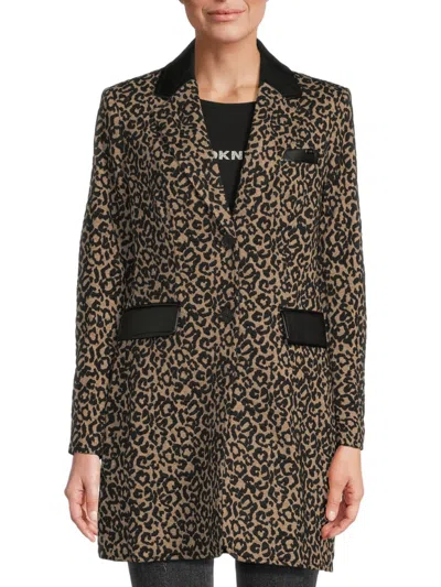 Dkny Women's Leopard Print Notch Lapel Blazer In Brown