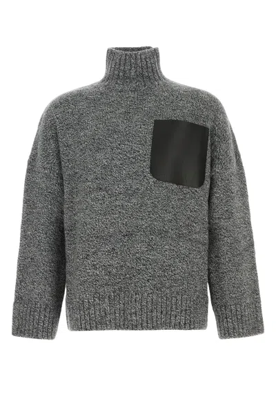 Jw Anderson Grey Sweater With High Neck And One Front Patch Leather Pocket In Wool Blend Man In Gray