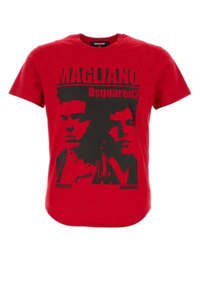 Dsquared2 D2 X Magliano Red Crewneck T-shirt With Maxi Print On The Front In Cotton Man In Red