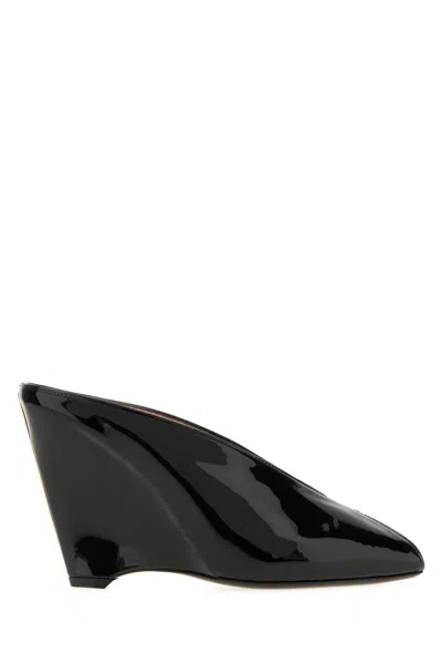 Ferragamo Leather Mules With Wedge Heel And Glossy Finish In Black