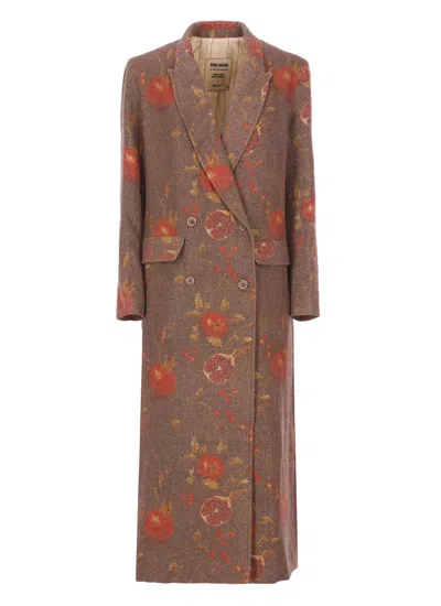 Uma Wang Double-breasted Floral Pattern Wool Coat In Brown